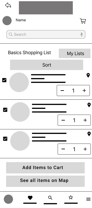 Digital wireframe for navigational shopping app